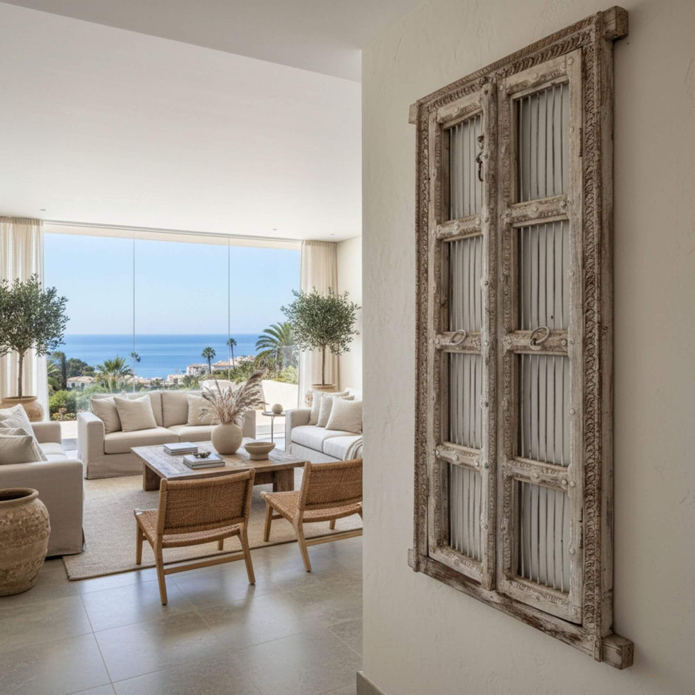 Olmen Window styled in a bright living room as a decorative wall feature.