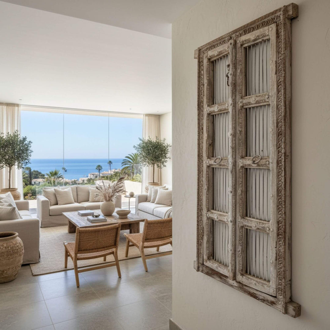 Olmen Window styled in a bright living room as a decorative wall feature.