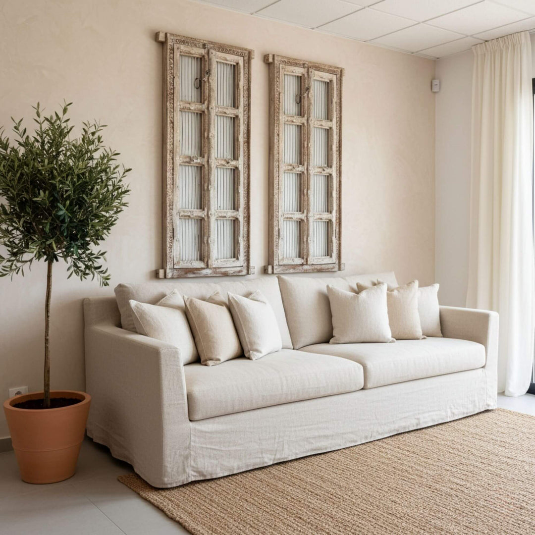 Olmen Window styled in a bright living room as a decorative wall feature.