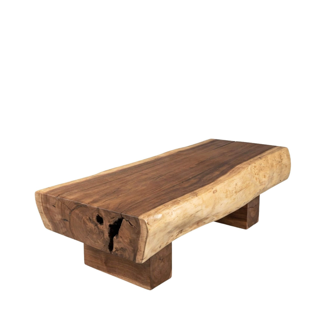 Angled view of the Ombak Mati coffee table showcasing its solid suar wood block design.
