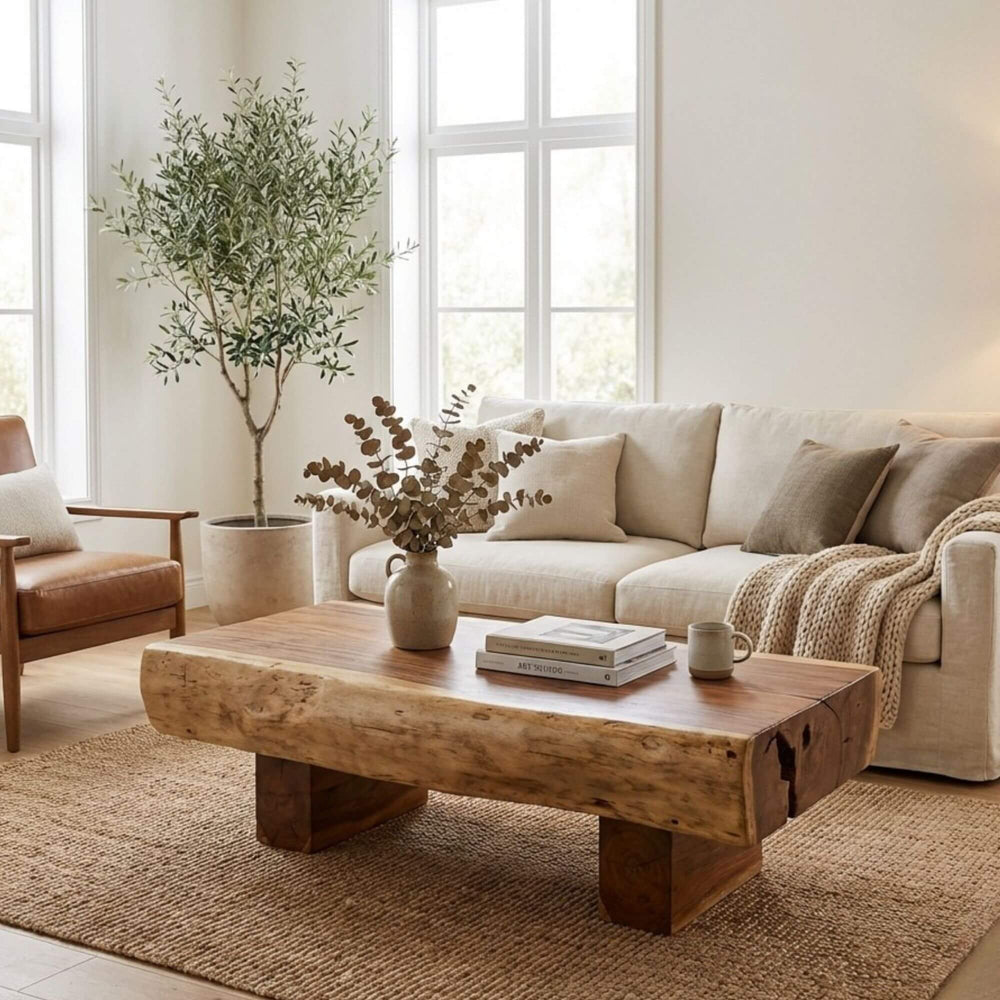 Styled living room setting featuring the Ombak Mati coffee table as a natural centerpiece.