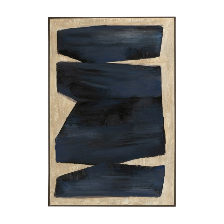 Front view of the Ombra Painting showcasing abstract blue brushstrokes on a neutral background.