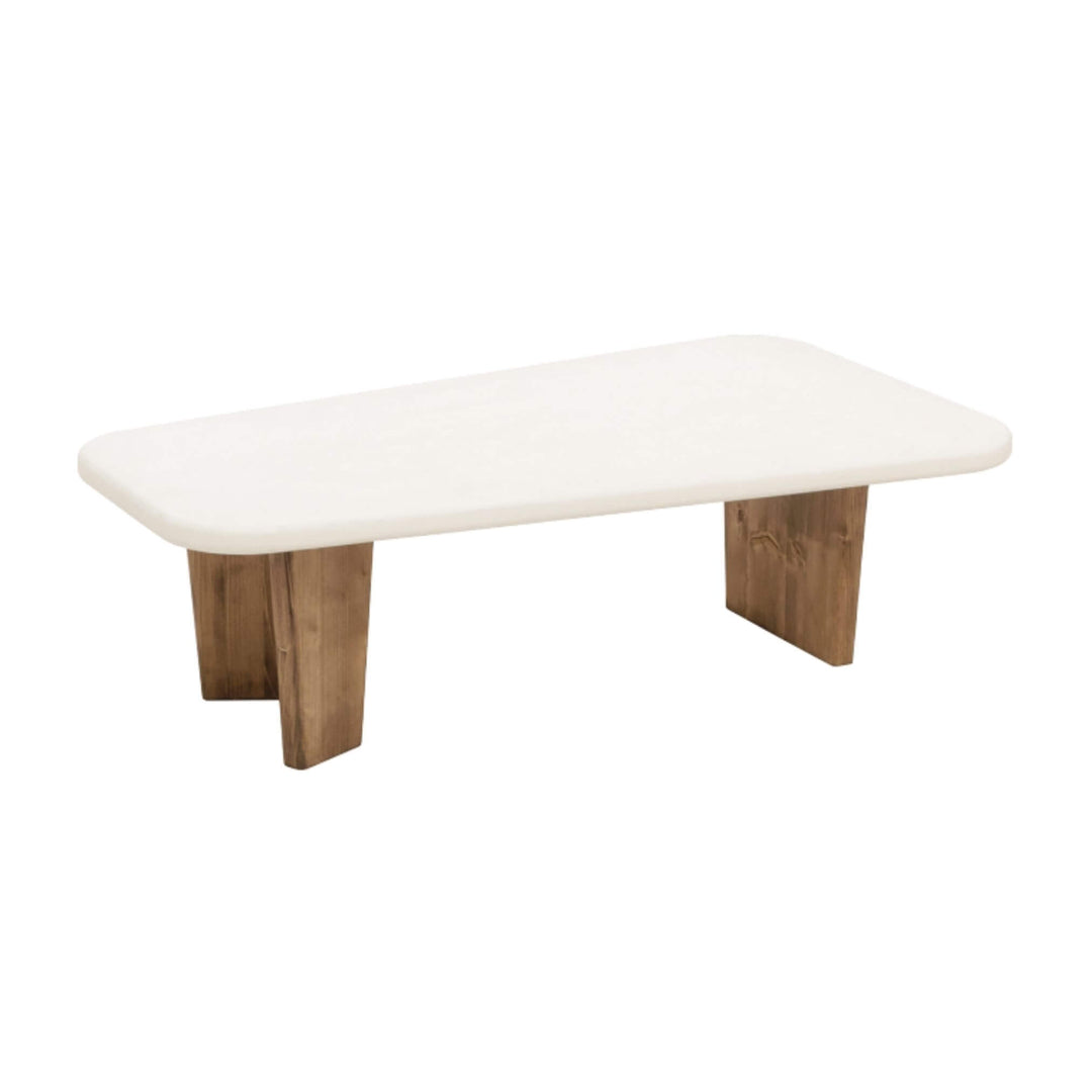 Onda microcement coffee table with off-white top and pine legs, front view