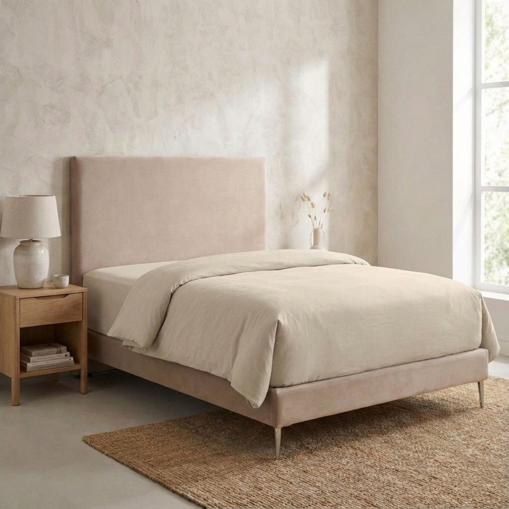 Bedroom setting featuring the Opera duvet cover in a soft, neutral-toned interior.