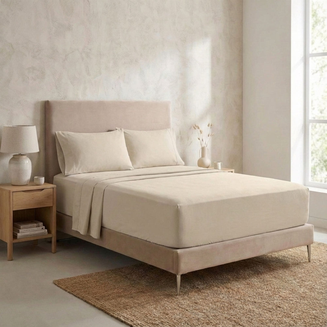 Bedroom setting featuring the Opera top sheet styled in a minimalist, natural interior.