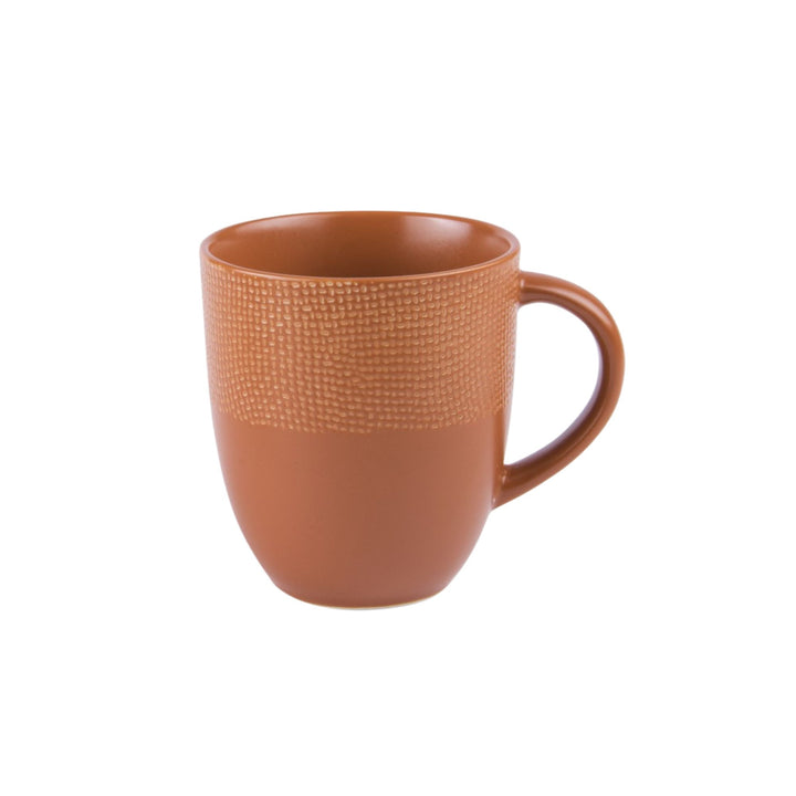 Terracotta ceramic mug and saucer from the Orange Vesuvio collection.