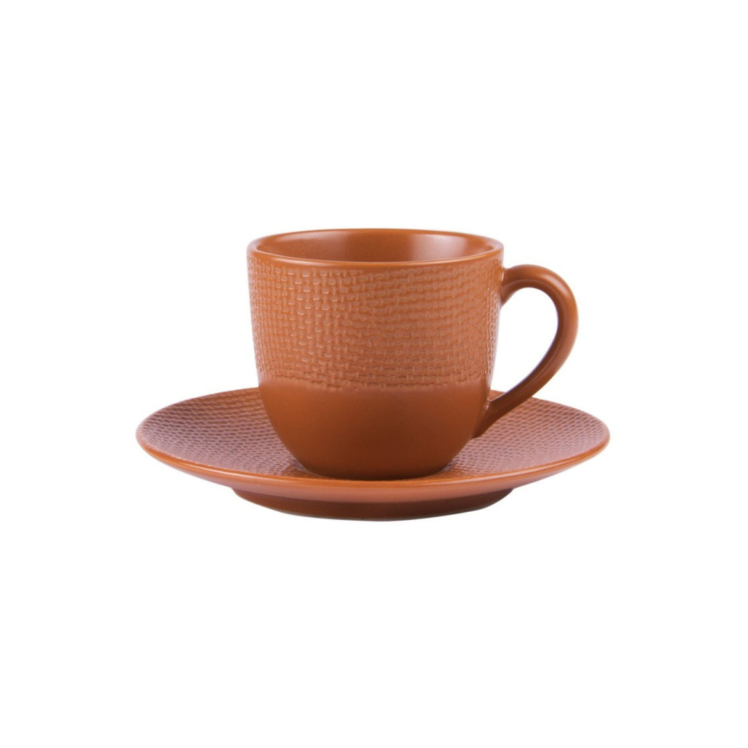 Terracotta ceramic espresso cup and saucer from the Orange Vesuvio collection.