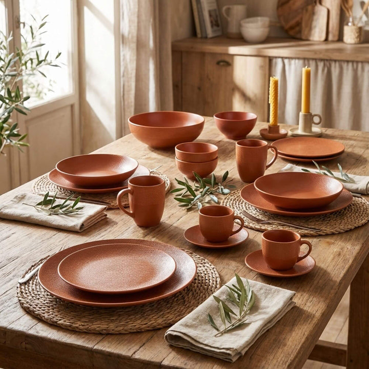 Styled dining table featuring the Orange Vesuvio ceramic plate collection.
