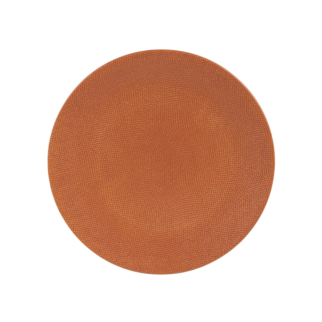 Styled dining table featuring the Orange Vesuvio ceramic plate collection.