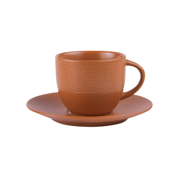 Terracotta ceramic cup and saucer from the Orange Vesuvio collection.