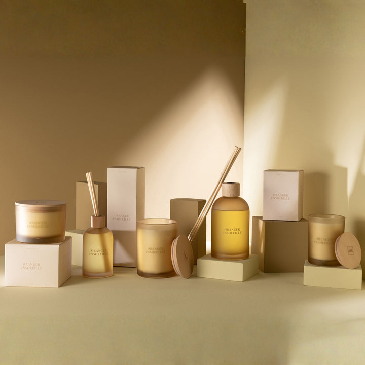 Warm interior scene featuring the full Oranger Ensoleillé home fragrance line.