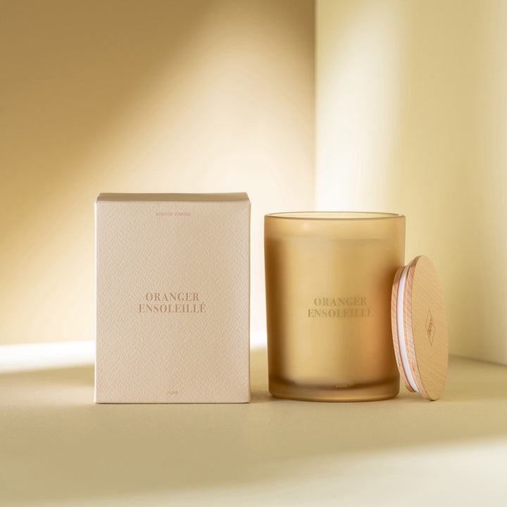 Candle and packaging displayed in a warm, sunlit interior.