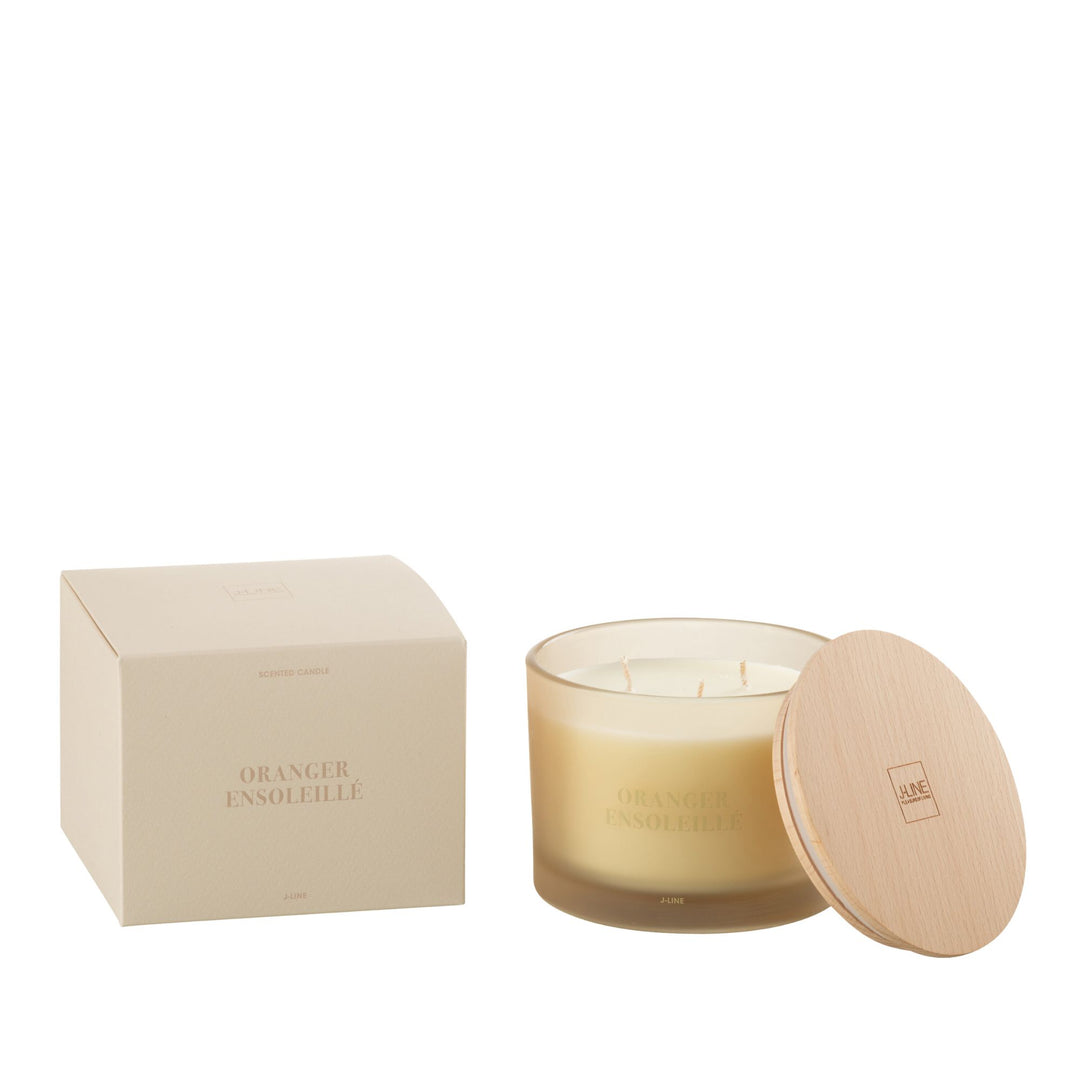 Small-size Oranger Ensoleillé candle with wooden lid beside packaging box.
