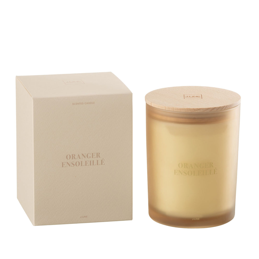 Front view of the Oranger Ensoleillé scented candle with golden glass and box.
