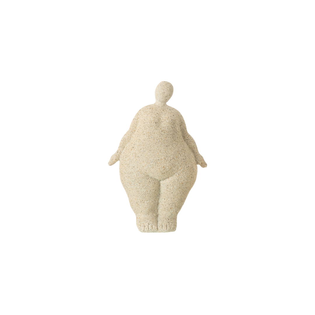 Beige resin figurative sculpture with rounded organic form on white background.