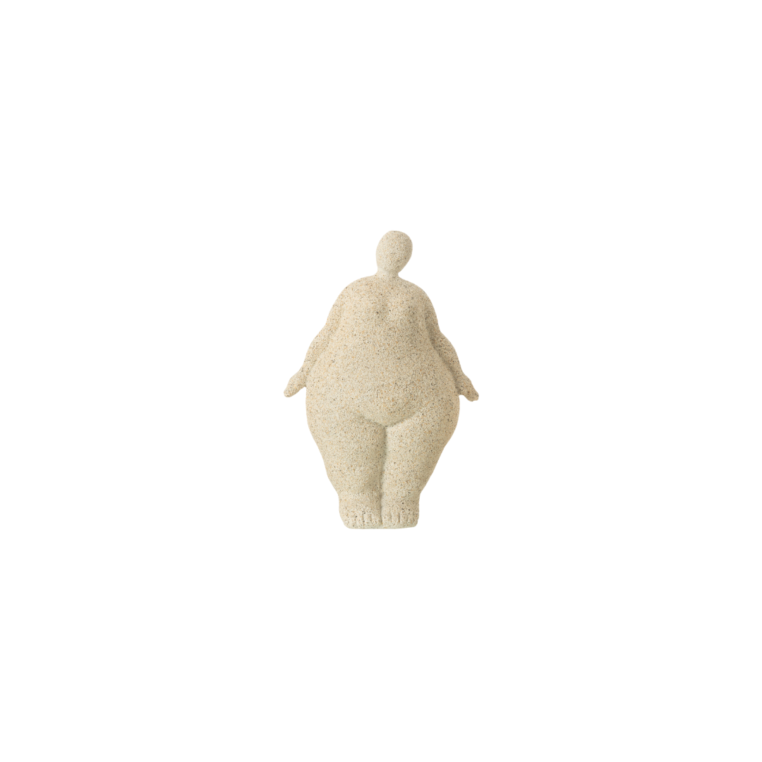 Beige resin figurative sculpture with rounded organic form on white background.