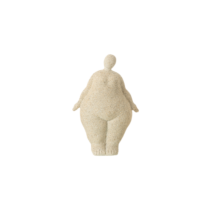 Beige resin figurative sculpture with rounded organic form on white background.
