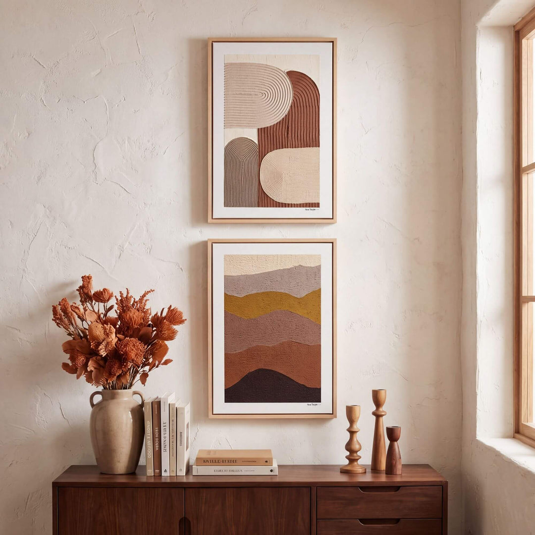 Organic Rhythm painting displayed as part of a warm neutral wall composition above a wooden sideboard