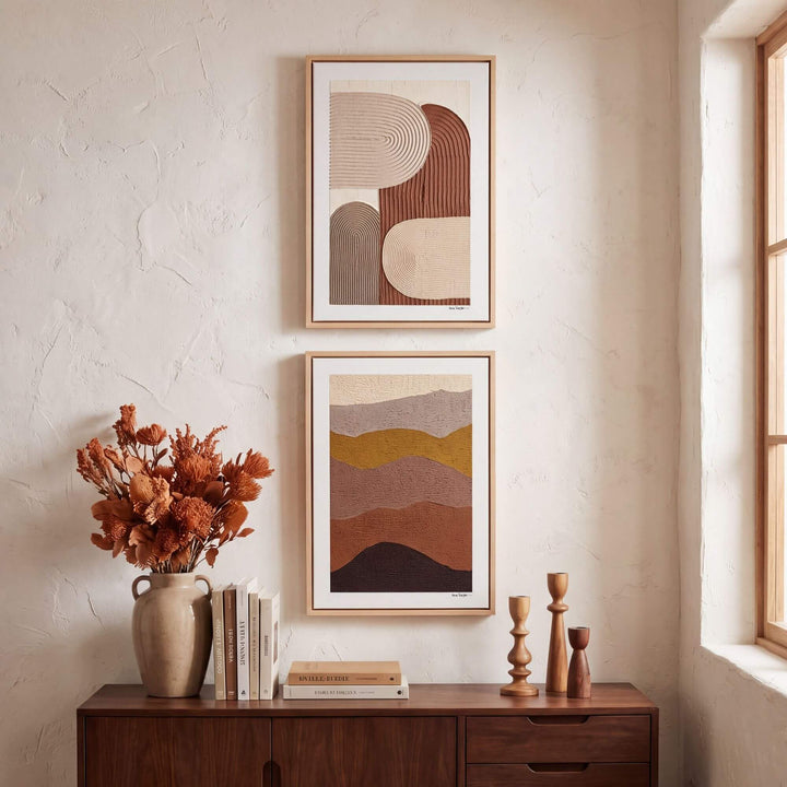 Organic Rhythm painting displayed as part of a warm neutral wall composition above a wooden sideboard