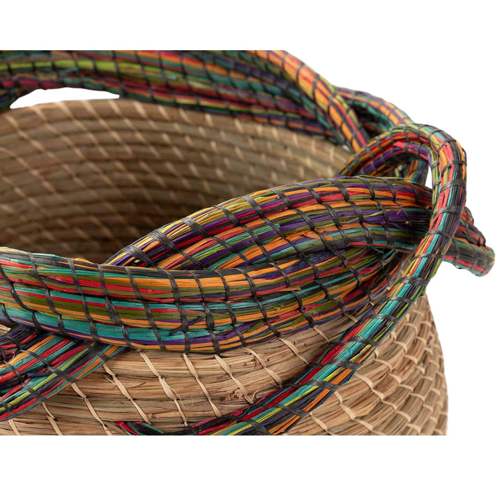 Close-up of Orisha Basket showing the multicolor woven detail and texture.

