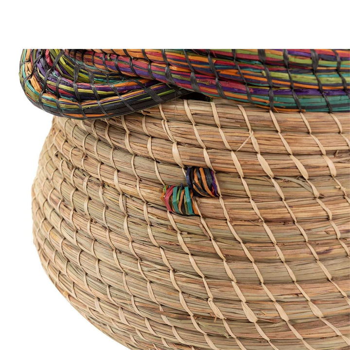 Close-up of Orisha Basket showing the multicolor woven detail and texture.

