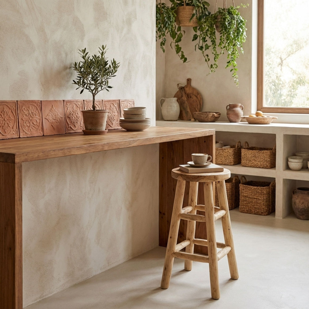 Styled interior view of Osaka Teak Wood Bar Stool placed at a wooden kitchen counter, highlighting its natural finish.