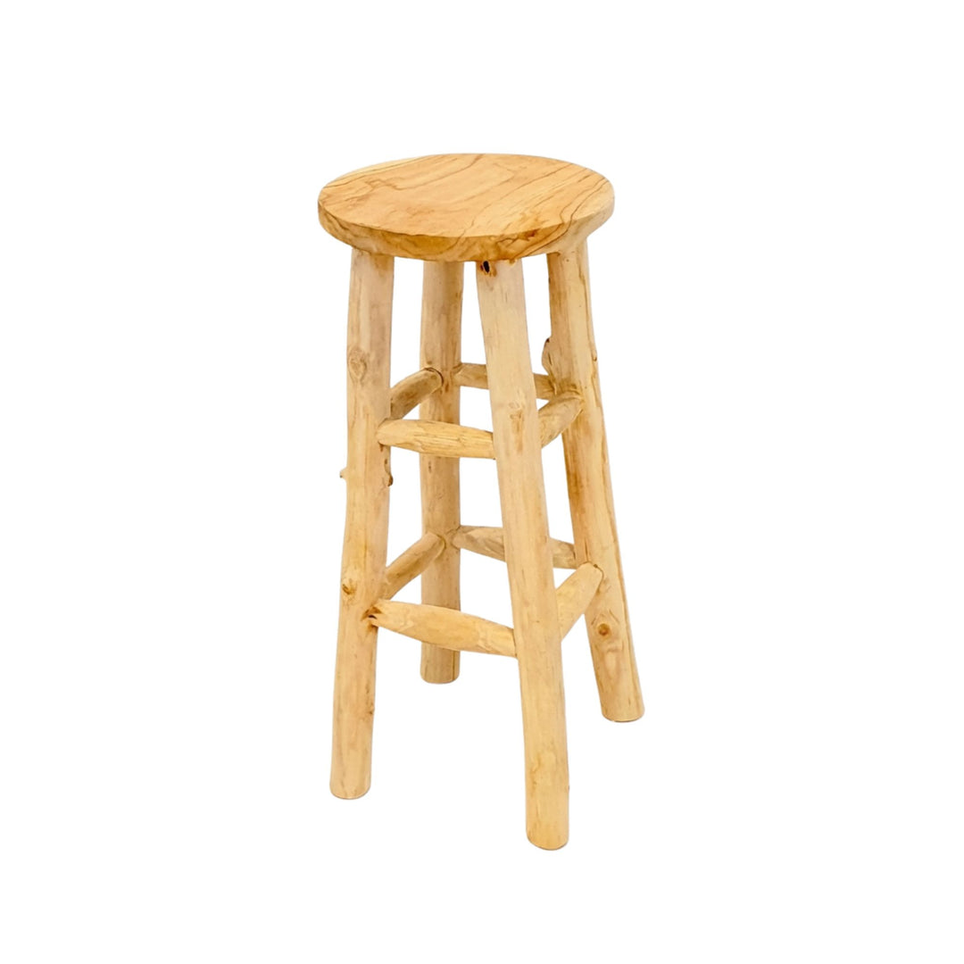 Front view of Osaka Teak Wood Bar Stool with round seat and solid teak wood structure.