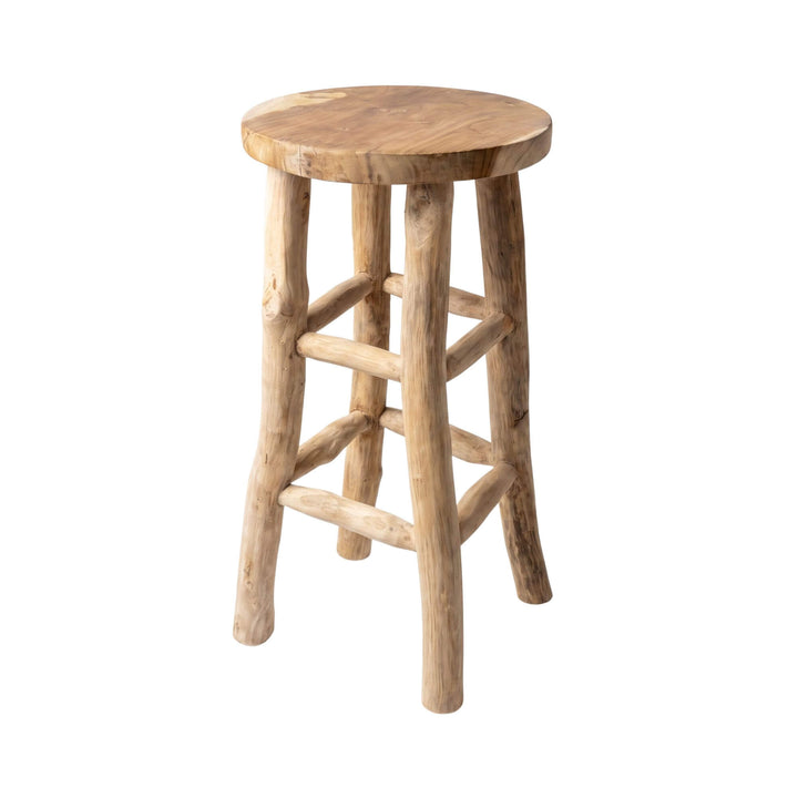 Front angled view of the Osaka teak wood bar stool with a round seat and natural branch legs