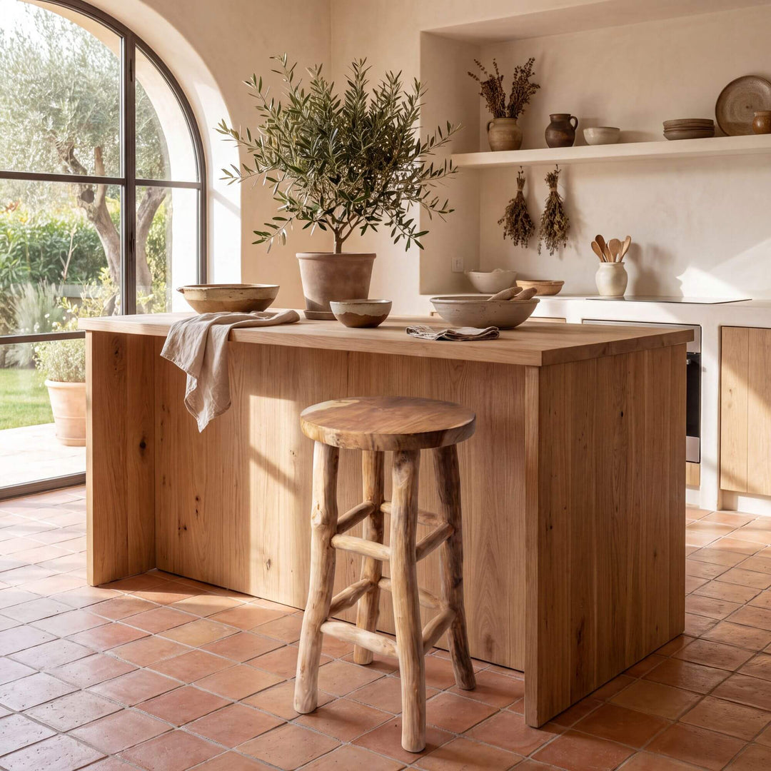 Osaka teak branch bar stool styled beside a wooden kitchen island in a warm natural interior
