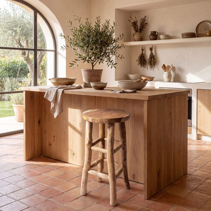 Osaka teak branch bar stool styled beside a wooden kitchen island in a warm natural interior