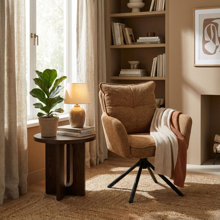 Dining room setting featuring the caramel Oslo Dining Chair in a warm, cozy interior.
