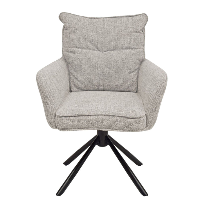 Front view of the Oslo Dining Chair in light grey fabric with black metal legs.