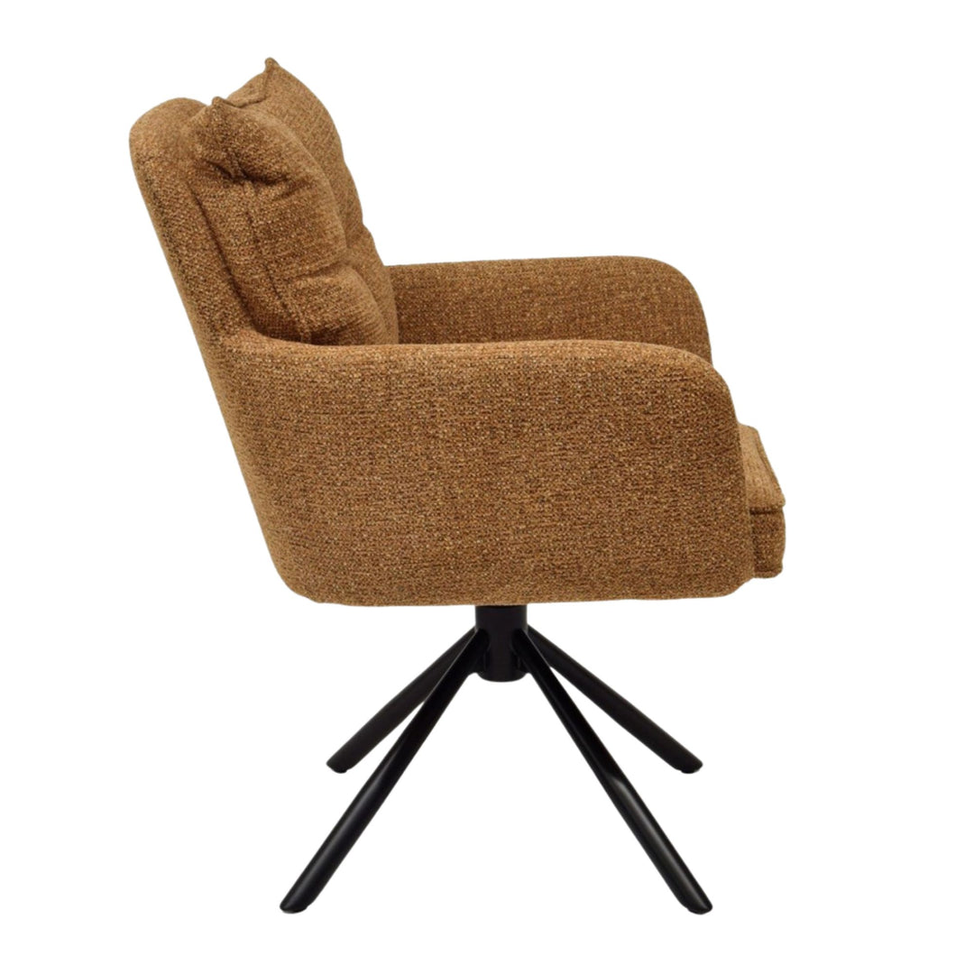 Side profile of the Oslo Chair in caramel fabric.