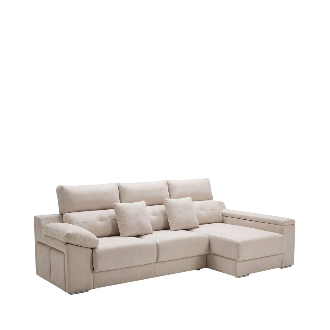 Front view of the Oslo extendable sofa showing its chaise design and soft neutral upholstery.