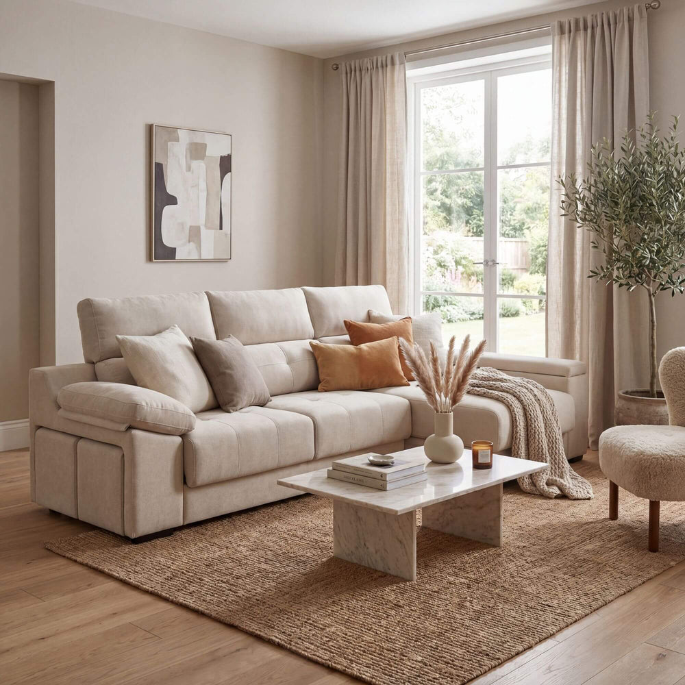 Styled living room setting featuring the Oslo sofa in a warm contemporary interior.