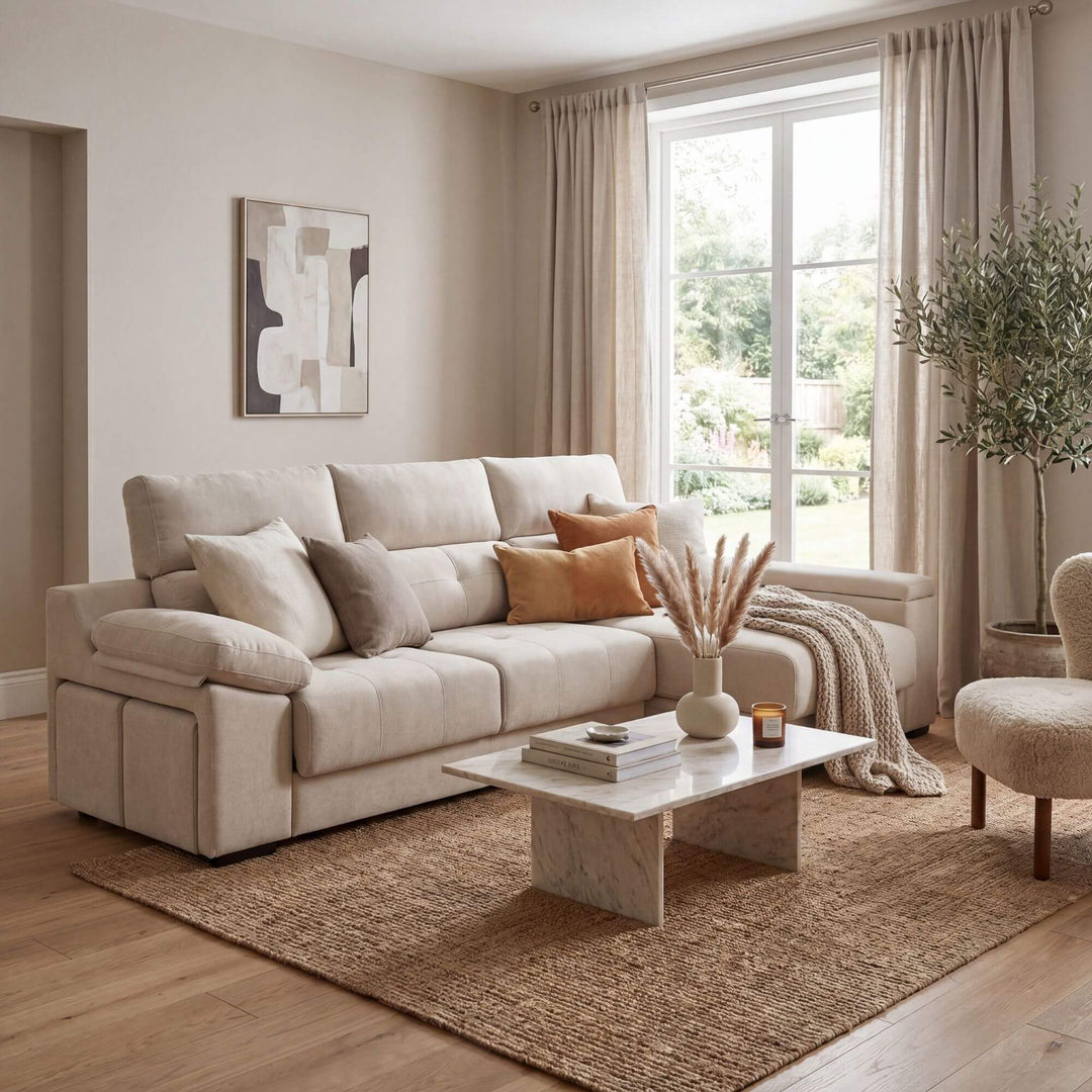 Styled living room setting featuring the Oslo sofa in a warm contemporary interior.