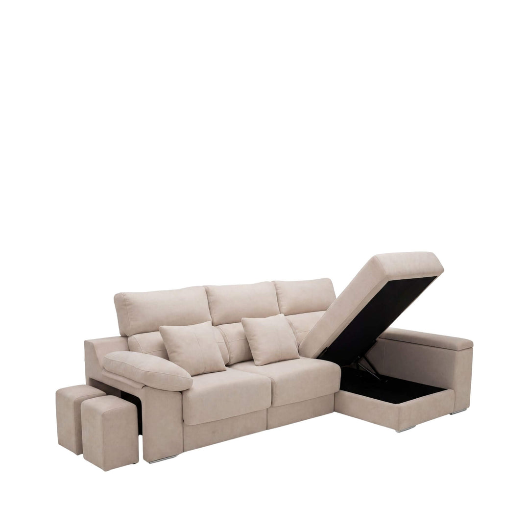 View of the Oslo sofa with open storage compartment and extendable chaise section.