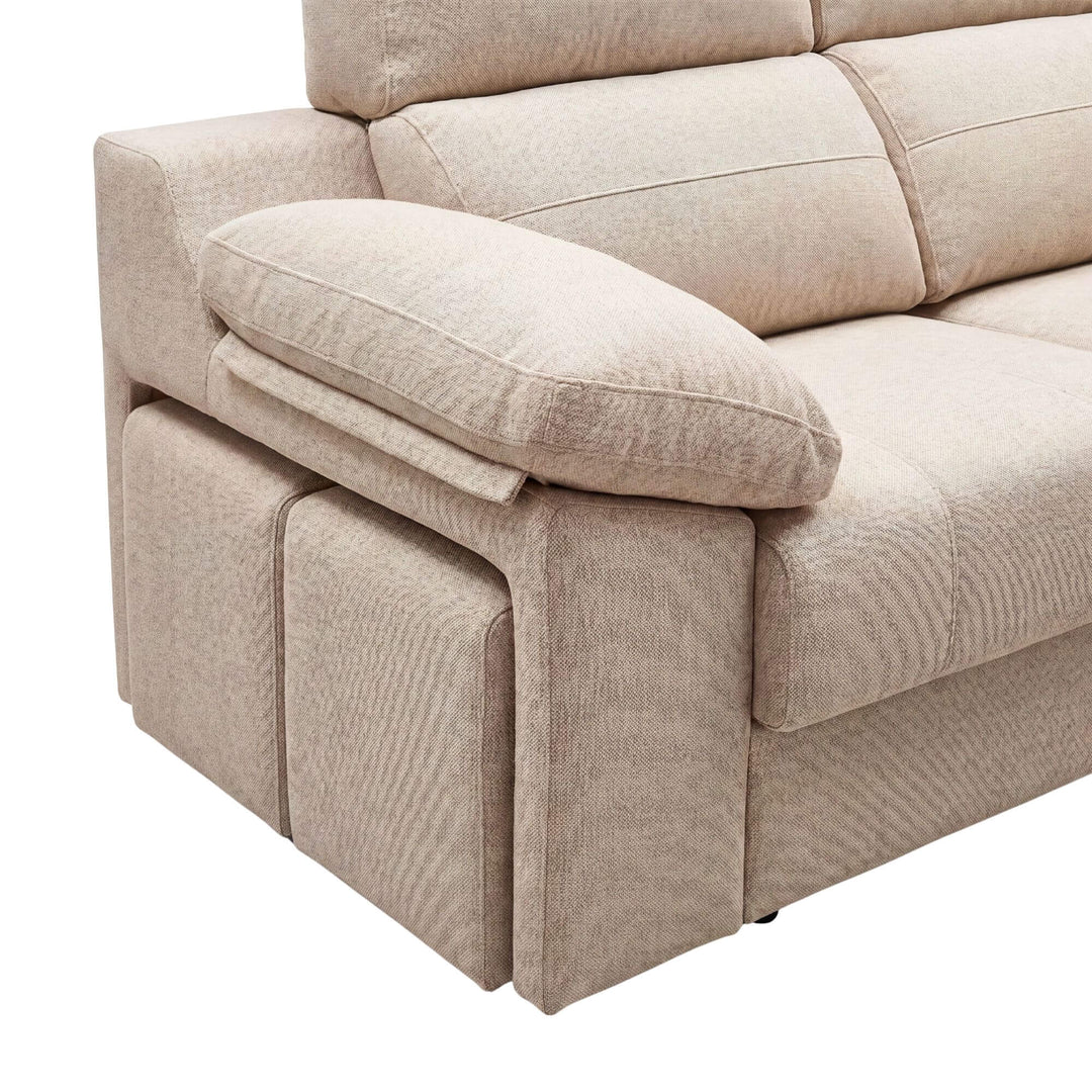 Close-up detail of the sofa armrest and textured natural fabric upholstery.