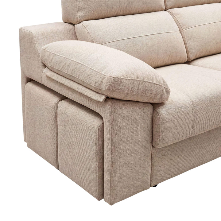 Close-up detail of the sofa armrest and textured natural fabric upholstery.