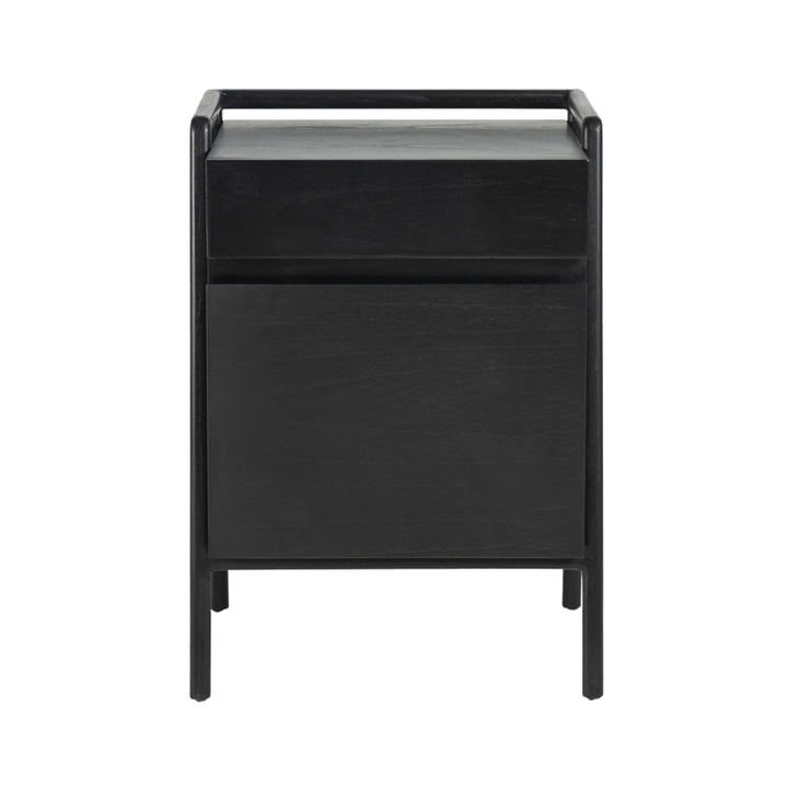 Front view of the Otemanu bedside table in black cedar wood with integrated handle detail.