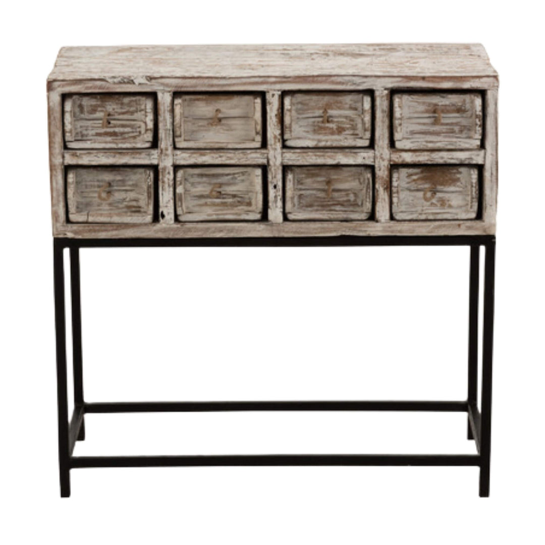 Otto drawer cabinet in distressed wood with black metal frame, front view.