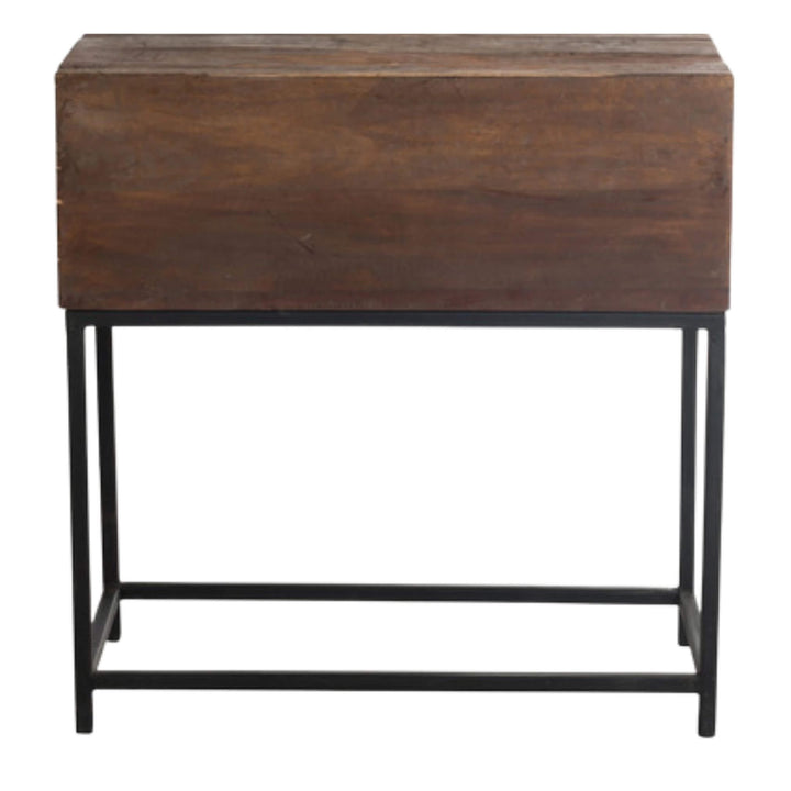 Dark wood Otto cabinet on black metal frame, angled view.