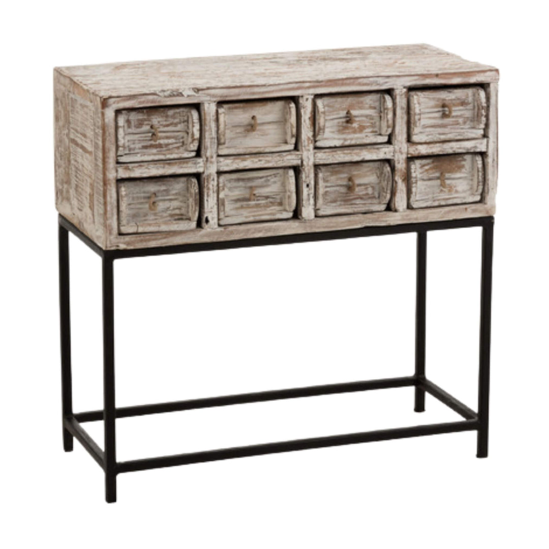 Rustic wooden drawer unit with metal stand, angled perspective.