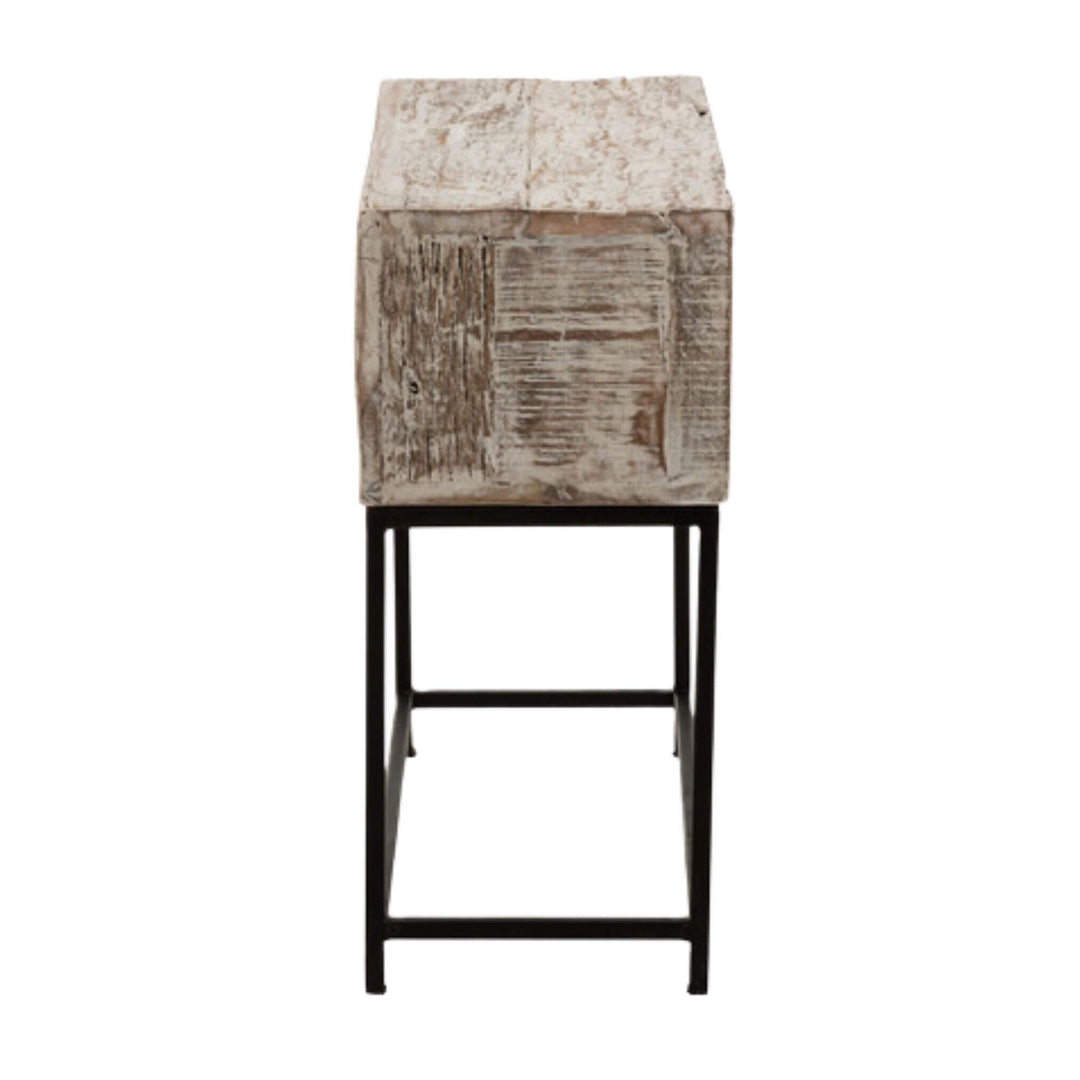 Slim wooden storage cabinet on black frame, side profile.