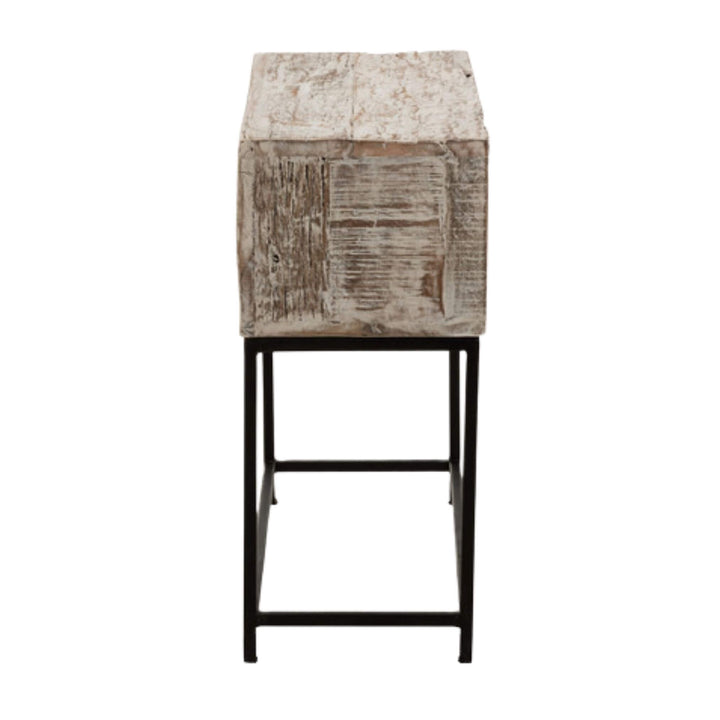 Slim wooden storage cabinet on black frame, side profile.