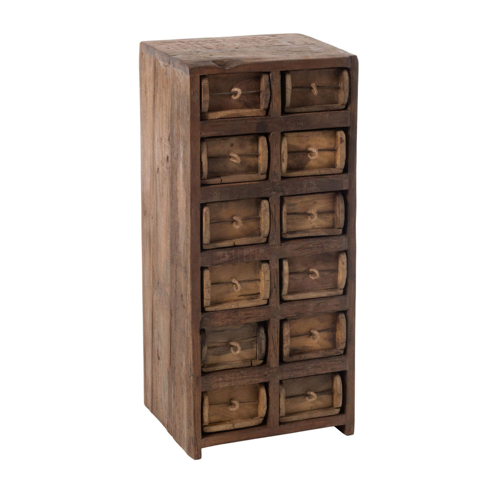 Angled three-quarter view of slim wooden tallboy with drawers