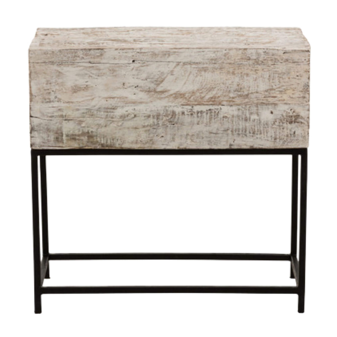 Rustic wooden drawer unit with metal stand, angled perspective.