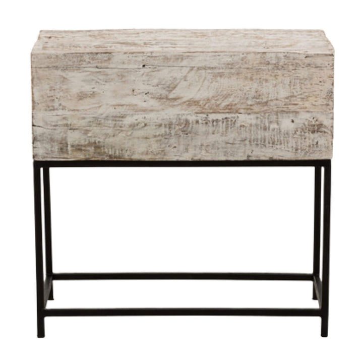 Rustic wooden drawer unit with metal stand, angled perspective.