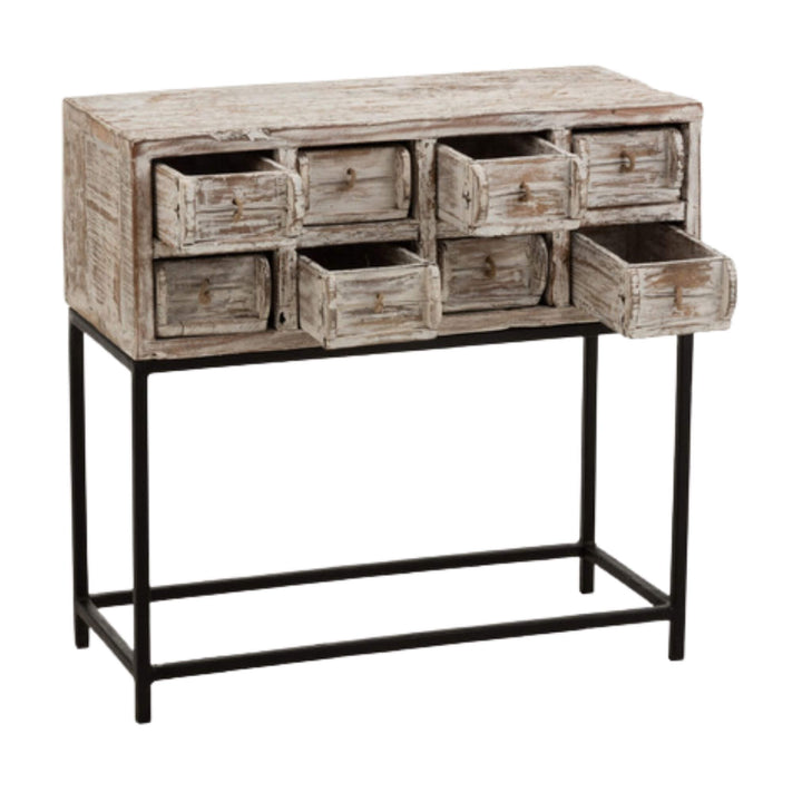 Otto drawer unit with vintage finish and multiple compartments, front-on.