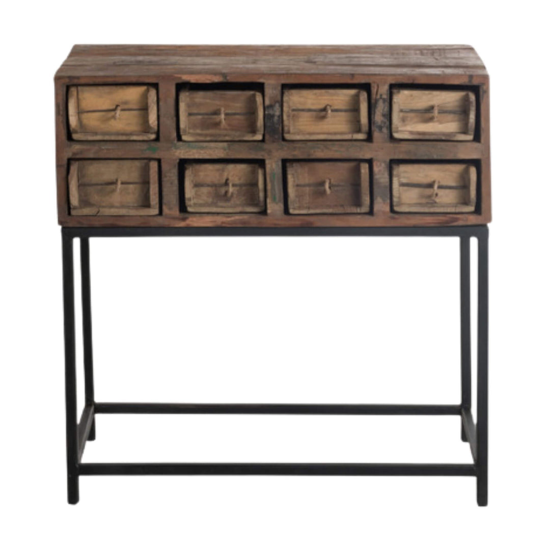 Otto drawer cabinet in distressed wood with black metal frame, front view.